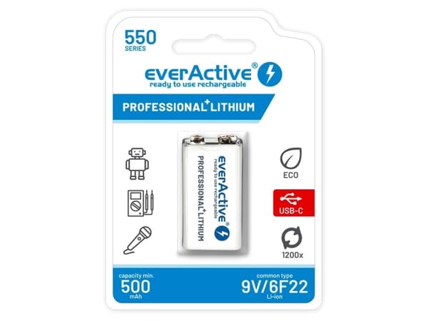 Oppladbart batteri everActive 6F22/9V Li-Ion 550 mAh med USB TYPE C (EVHR22-550C)