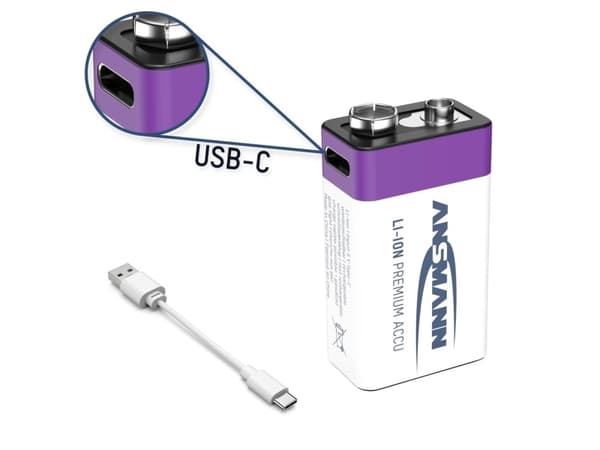 Batteri 9V E-Block ANSMANN 400mAh 1 serie 1,5V // lades via USB-C