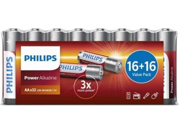 Philips Power Alkaline Batteri LR6P32FV/10, Engångsbatteri, AA, Alkalisk, 1,5 V, 32 styck, 5 År