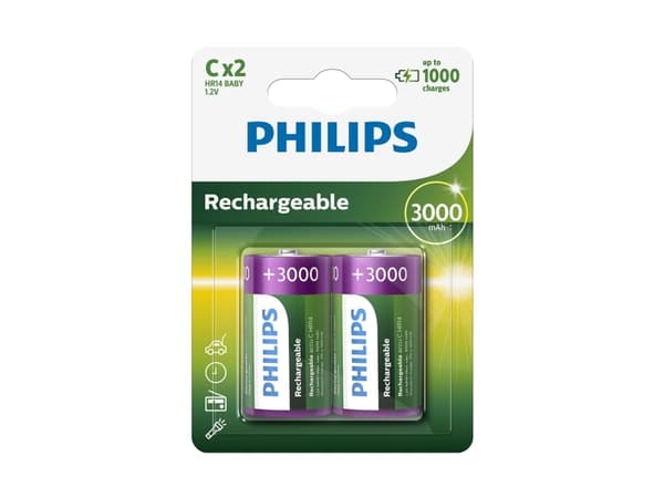 Philipsin ladattava akku R14B2A300/10, ladattava akku, C, nikkelimetallihydridi (NiMH), 1,2 V, 3000 mAh, Cd (kadmium), Hg (elohopea)