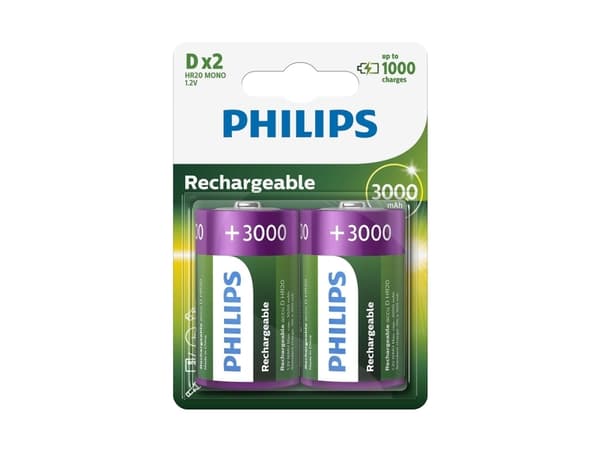 Philips Rechargeables Batteri R20B2A300/10, Oppladbart batteri, D, Nikkelmetallhydrid (NiMH), 1,2 V, 3000 mAh, Cd (kadmium), Hg (kvikksølv)