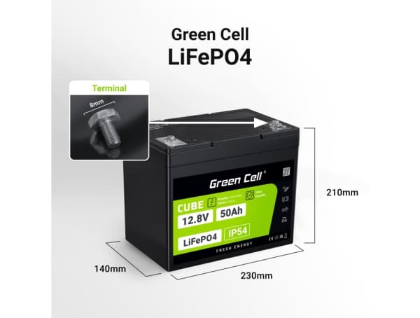 Green Cell CUBE LiFePO4 50Ah 12.8V 640Wh litium-rautafosfaattiakku matkailuautoon, golfkärryyn, tuulivoimalaitokseen