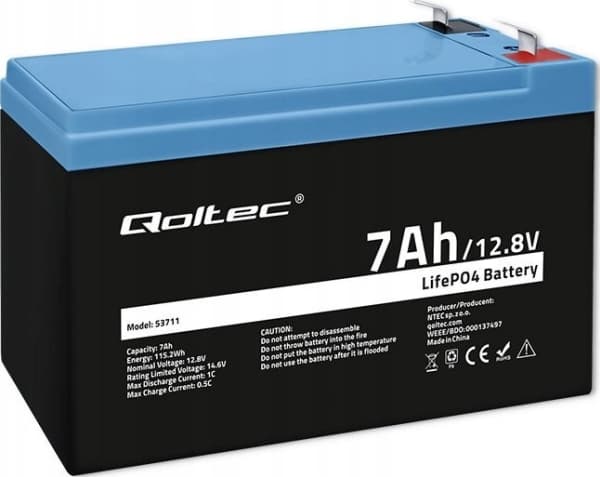 Qoltec LiFePO4 litiumjernfosfatbatteri | 12,8V | 7 Ah | 89,6Wh | BMS