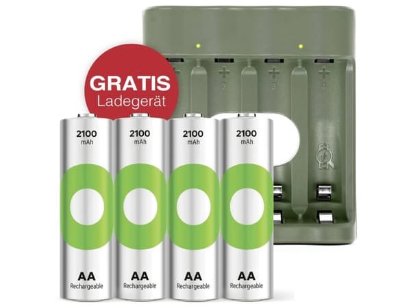 GP action free lader USB modell lader GP B441 inkl. 4x AA batteri Genopladeligt AA batteri NiMH 2100 mAh 1,2 V 1 sett.
