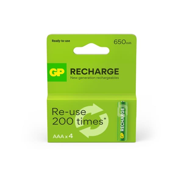 GP Recharge oppladbart batteri, størrelse AAA, 650 mAh, 4-pk