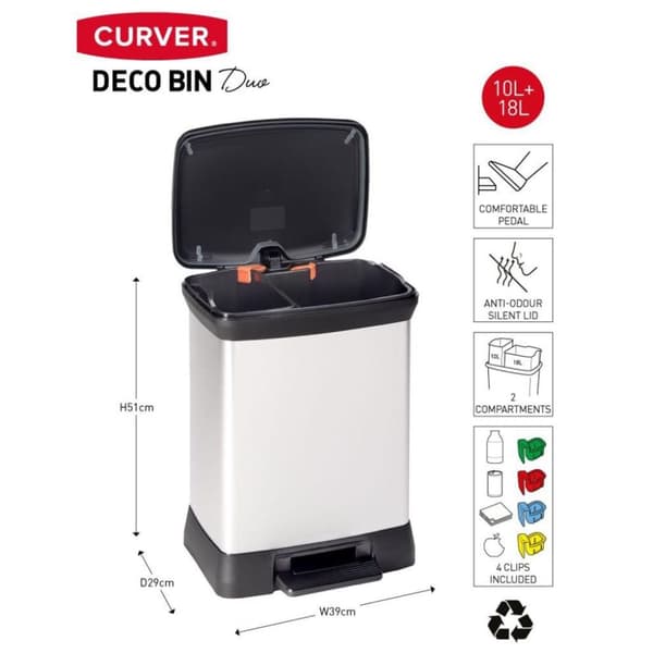 Curver Dobbel pedalbøtte Deco 10L+18L sølv