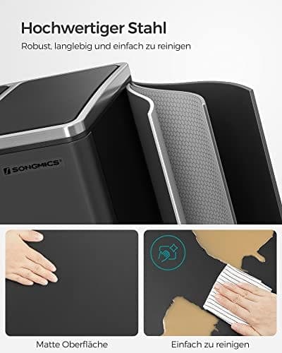 SONGMICS genbrugsspand, 3 x 18 L tredobbelt køkken, 3-rums pedalbeholder, sort