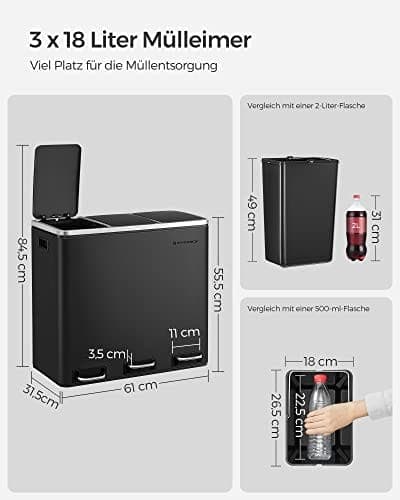 SONGMICS genbrugsspand, 3 x 18 L tredobbelt køkken, 3-rums pedalbeholder, sort