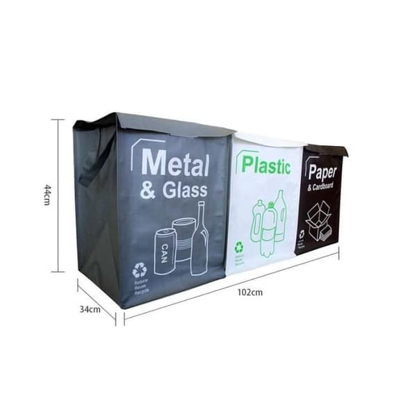 Set med 3 ekologiska återvinningspåsar - Kapacitet 50 liter - Sortering av plast, glas, papper - Modern stil och färger