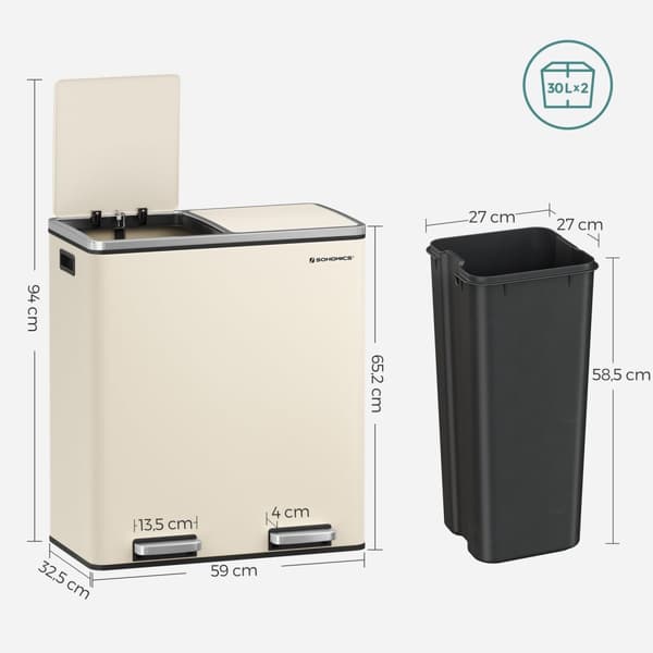 Kahden Hengen Huone 2 X 30 L Roskakori, 2 Roskapussia, Metalliset Jalkapolkimet, Kerma