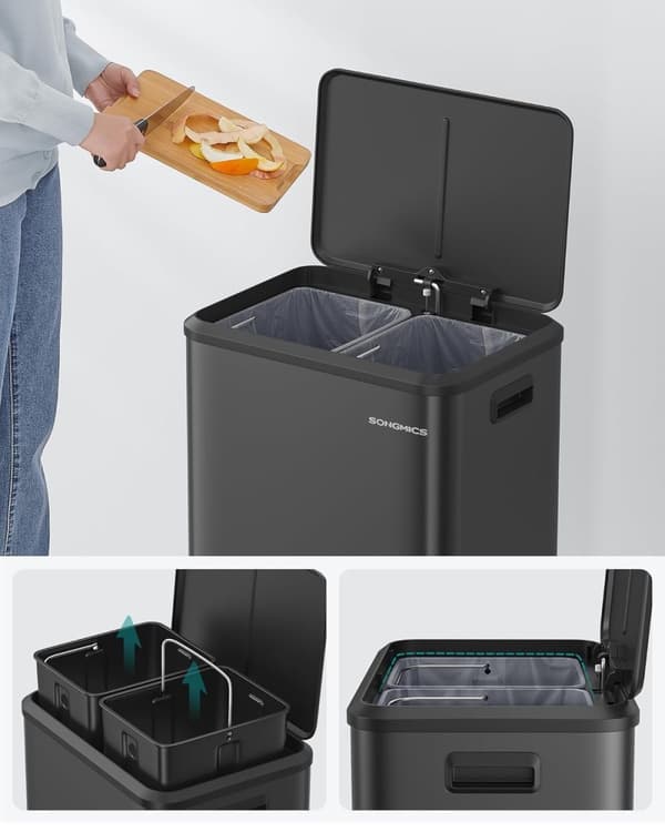 Soptunna Sorterare 2 X 15 L med Lock, Rostfritt Stål, Lufttät, Plastflaska, Kraftig