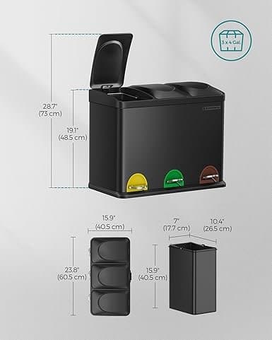 Tredobbelt Køkkenspand, Genbrugsspand, Pedal, Metal Affaldsspand, 45 L, 3 X 15 L, Stål, Sort