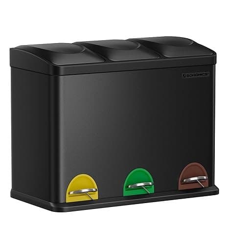 Kolminkertainen Keittiön Roskakori, Roskakori, Poljin, Metallinen Roskakori, 45 L, 3 X 15 L, Teräs, Musta
