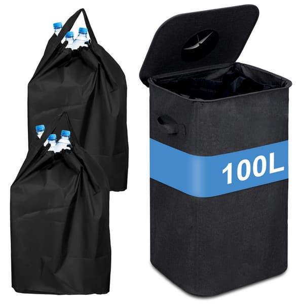 ?tervinningstunna 100L k?ksbeh?llare med lock, beh?llare med 2 svarta transportp?sar