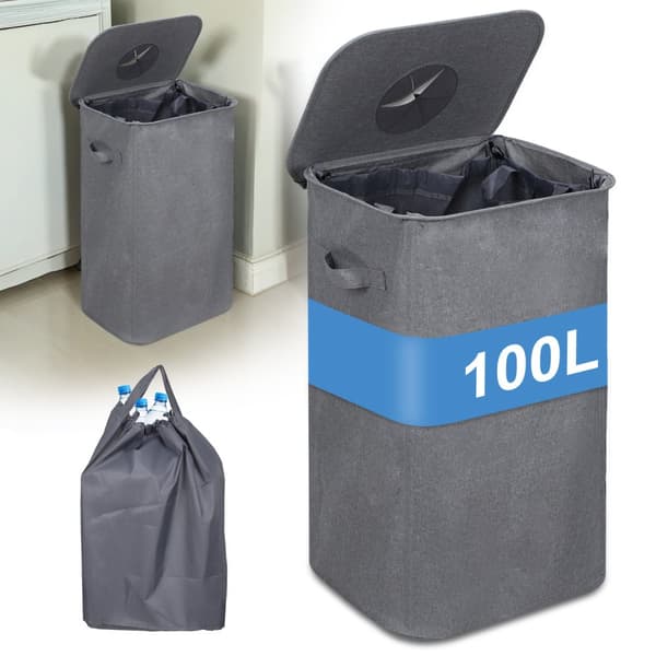 ?tervinningstunna 100L K?ksbeh?llare med lock, beh?llare med 2 transportp?sar Gr?