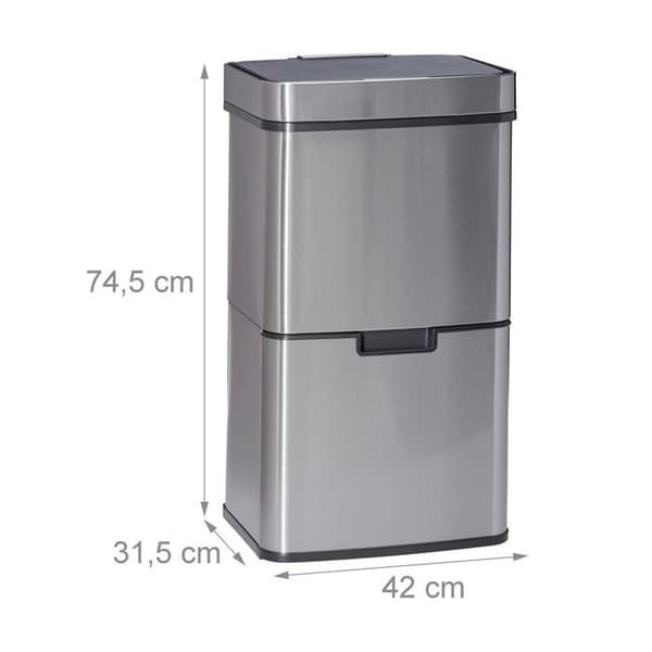 Relaxdays Återvinningskärl 3 fack rostfritt stål 60 liter känslig öppning HxBxD: 74,5 x 42 x 31,5cm, silver