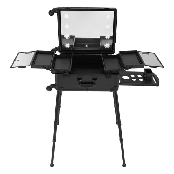 Bærbar Makeup Kasse, 8 LED Lys Spejl, Justerbar Højde,sort