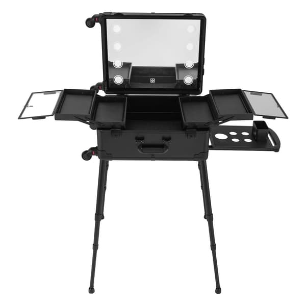 Bærbar Makeup Kasse, 8 LED Lys Spejl, Justerbar Højde,sort
