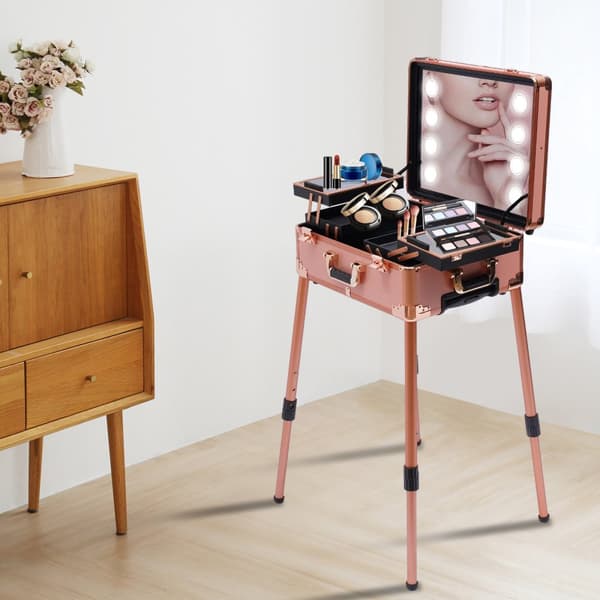 Rose Gold Makeup Case, LED Spejl, Justerbar Højde, Låseligt Design