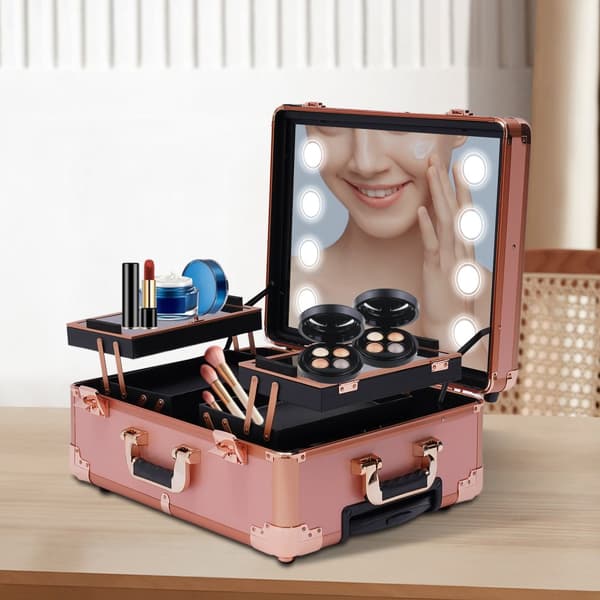 Rose Gold Makeup Case, LED Spejl, Justerbar Højde, Låseligt Design