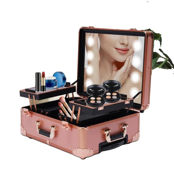 Rose Gold Makeup Case, LED Spejl, Justerbar Højde, Låseligt Design