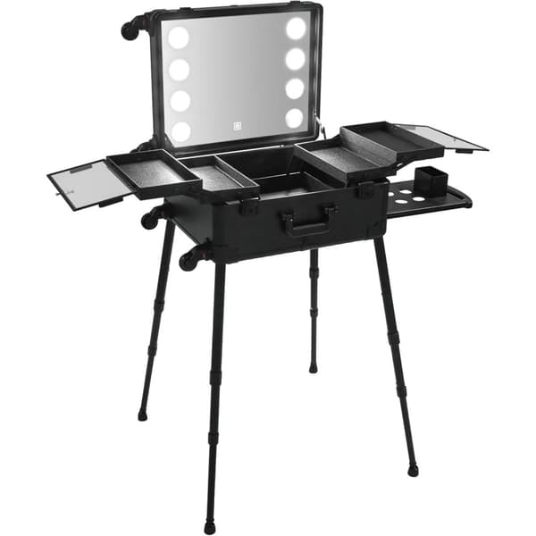 Bärbar kosmetikväska, 8 LED-lampor, rullande design, laddningsport,svart