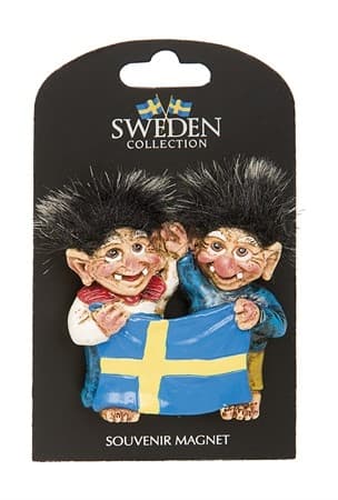 Sverige Souvenir Magnet två Troll med Flagga