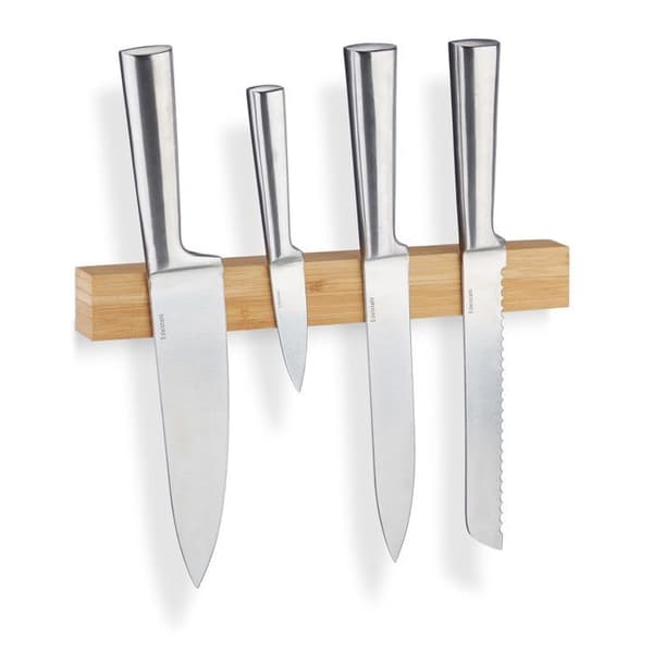 Relaxdays Bambu Magnetremsa 30 cm Köksbar Bestickkniv Magnethållare 4 Magneter, Natur