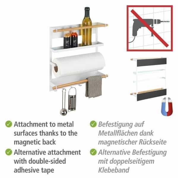 Magnetisk kylhylla Magna, med kryddhylla, magnetisk kökshanddukshållare och hängkrokar för köksredskap