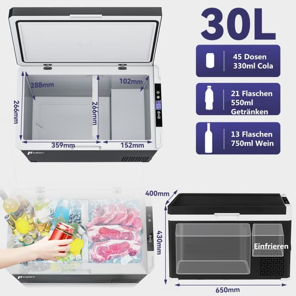 Hcalory Electric Cool Box, Kompressori Jääkaappi Mini, Kapasiteetti: 30L, 12V/24V 110-240V