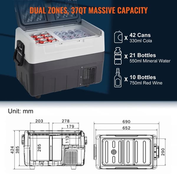 AC 100-240V DC 12/24V 60W 35L bilkylskåp för bil/hem, portabelt minikompressorkylskåp, dubbelzon, snabb kylning, tyst, energisnål