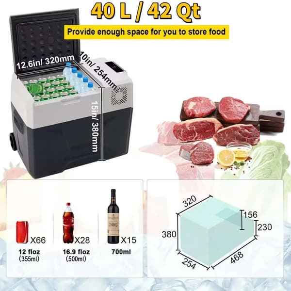 Kannettava jääkaappi, 40 litran tilavuus, kaksijännite (12V/24V & 220V), tehokas jäähdytys,42Qt 40L42 kvarttia 40 litraa