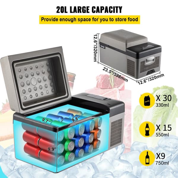VEVOR Kannettava Jääkaappi, 20L Kapasiteetti, -20℃ - 20℃ Jäähdytyslämpötila, Kaksoisjännite 12/24V & 110-240V