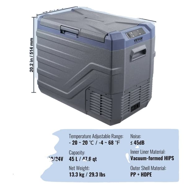 VACUUM-DANNET BILKØLESKAB, Justerbar Temperaturinterval, Flere Kapacitetsmuligheder,45L