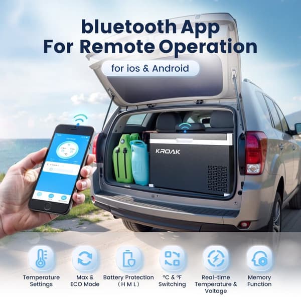 KROAK 40 litran bluetooth Electric Coolbox Kompressori Pakastinlaatikko Jopa -20 Grade, Auton Camping Jääkaappi, 12V / 24V 100-240V