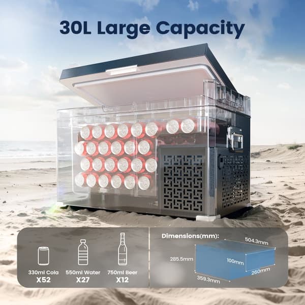 KROAK 30-liters elektrisk kylbox kompressor frysbox ner till -20 klass, bil camping kylskåp, 12V / 24V 100-240V