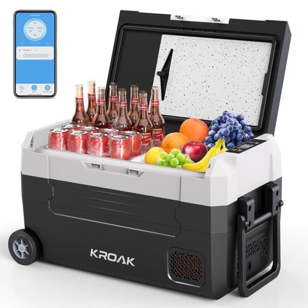 KROAK 35-liters køleboks 12V 24V bærbar mini køleskab bluetooth elektrisk fryser boks lille fryser til bil camping med hjul og håndtag