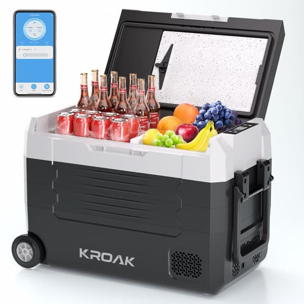 KROAK 45-liters kylbox 12V 24V bärbar mini kylskåp bluetooth elektrisk frysbox liten frys för bil camping med hjul och handtag