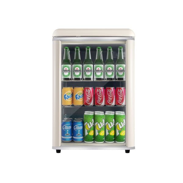 Retro mini-kylskåp på 78 liter med kromdetaljer, integrerad LED-belysning, justerbara hyllor.