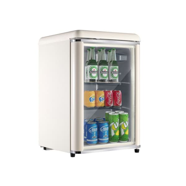Retro mini-kylskåp på 78 liter med kromdetaljer, integrerad LED-belysning, justerbara hyllor.