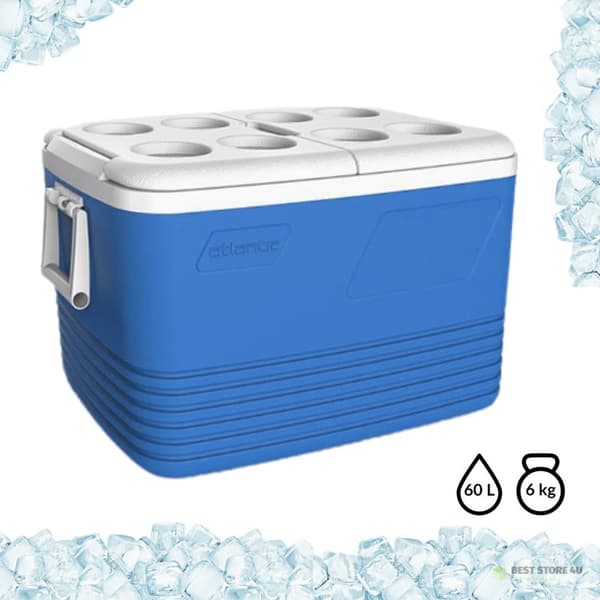 60L Kamai Coolbox resekylare för frysinsatser, blå med plats för flaskor på locket