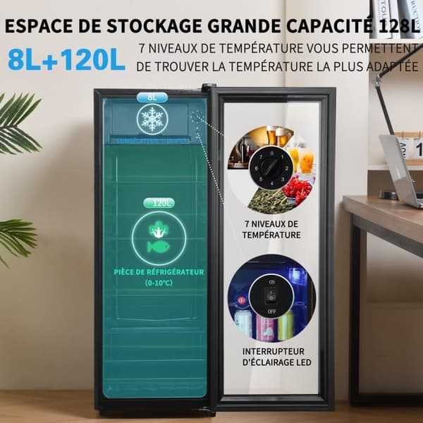 Dripex Mini Frigo Portabel 128L Mini Kylskåp Temperatur -10-0°C justerbara hyllor Energiklass F, Tyst Kombinerad