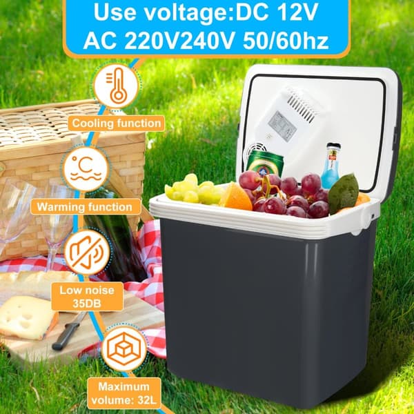 Elektrisk kylbox 32L Minikylskåp 230 V och 12 V för camping med bil kyler och värmer ECO Mode Grey
