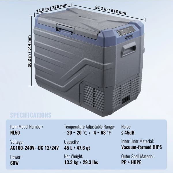 Auton jääkaappi, 12L kapasiteetti, -20℃ to 20℃ lämpötila-alue,45L