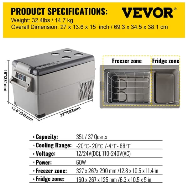 Auton jääkaappi, kannettava kompressori, 12/24V DC, 35 L