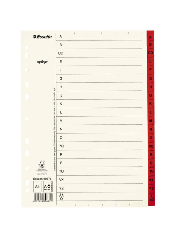 Pappregister Servo A4 A-Ö röd flik 10st