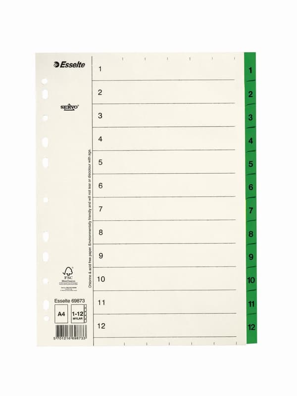 Pappregister Servo A4 1-12 grön flik 10st