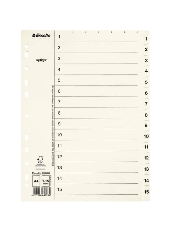 Pappregister Servo A4 flikar 1-15 vit 10st
