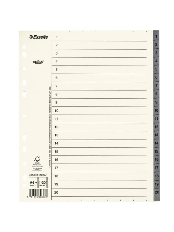 Pappregister Servo System A4+ 1-20 grå 10st