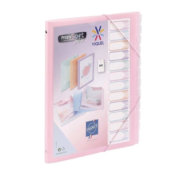 Viquel-avdelare - Propysoft anpassningsbar 12-fack A4 sorterare - Elastisk stängning - Genomskinlig rosa